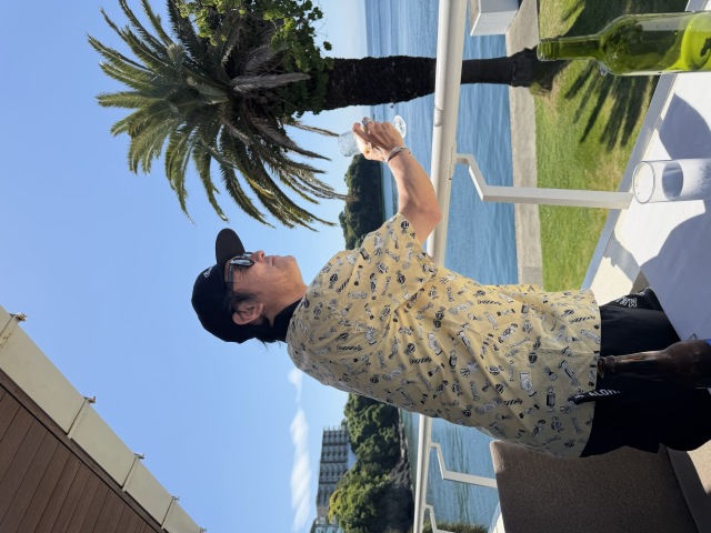 夏アロハクレリックシャツ キャンディ柄 イエロー 着用