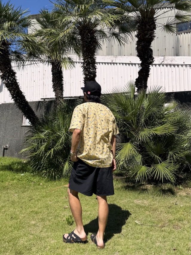 夏アロハクレリックシャツ キャンディ柄 イエロー 着用